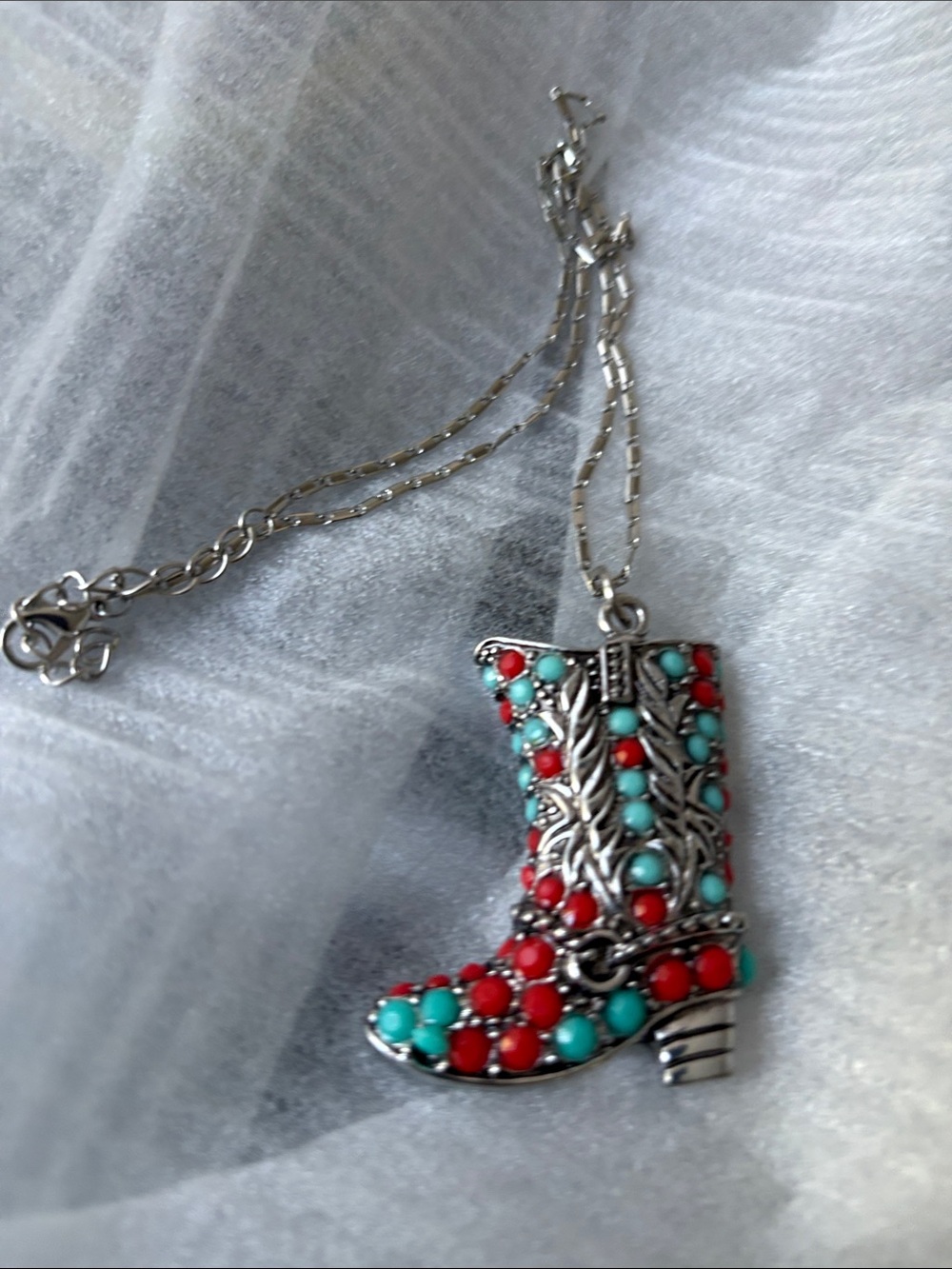 Cowboy Boot Pendant Necklace in Turquoise & Red